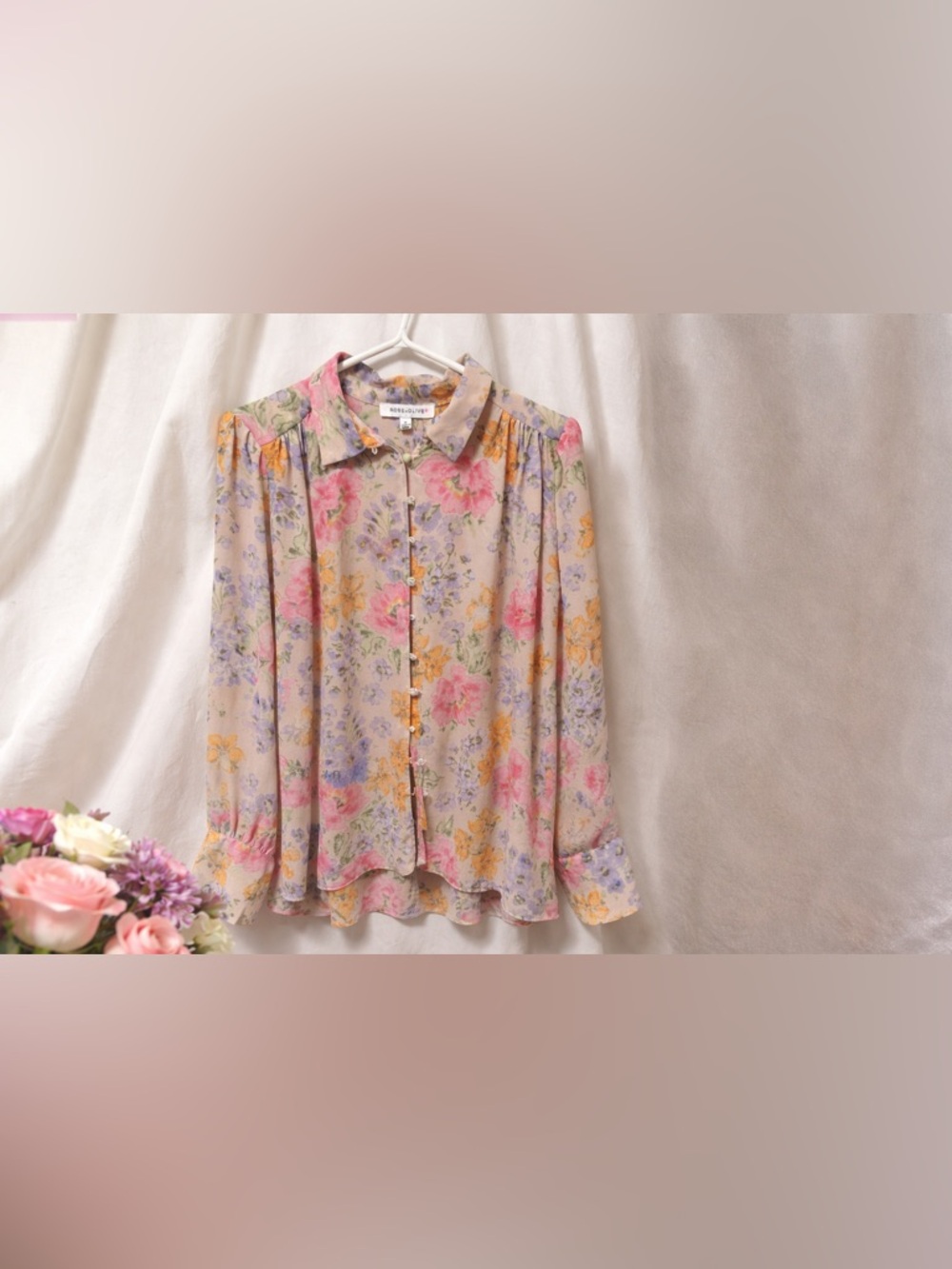 Rose & Olive Floral Button-Front Blouse in Pink, Yellow, Lavender